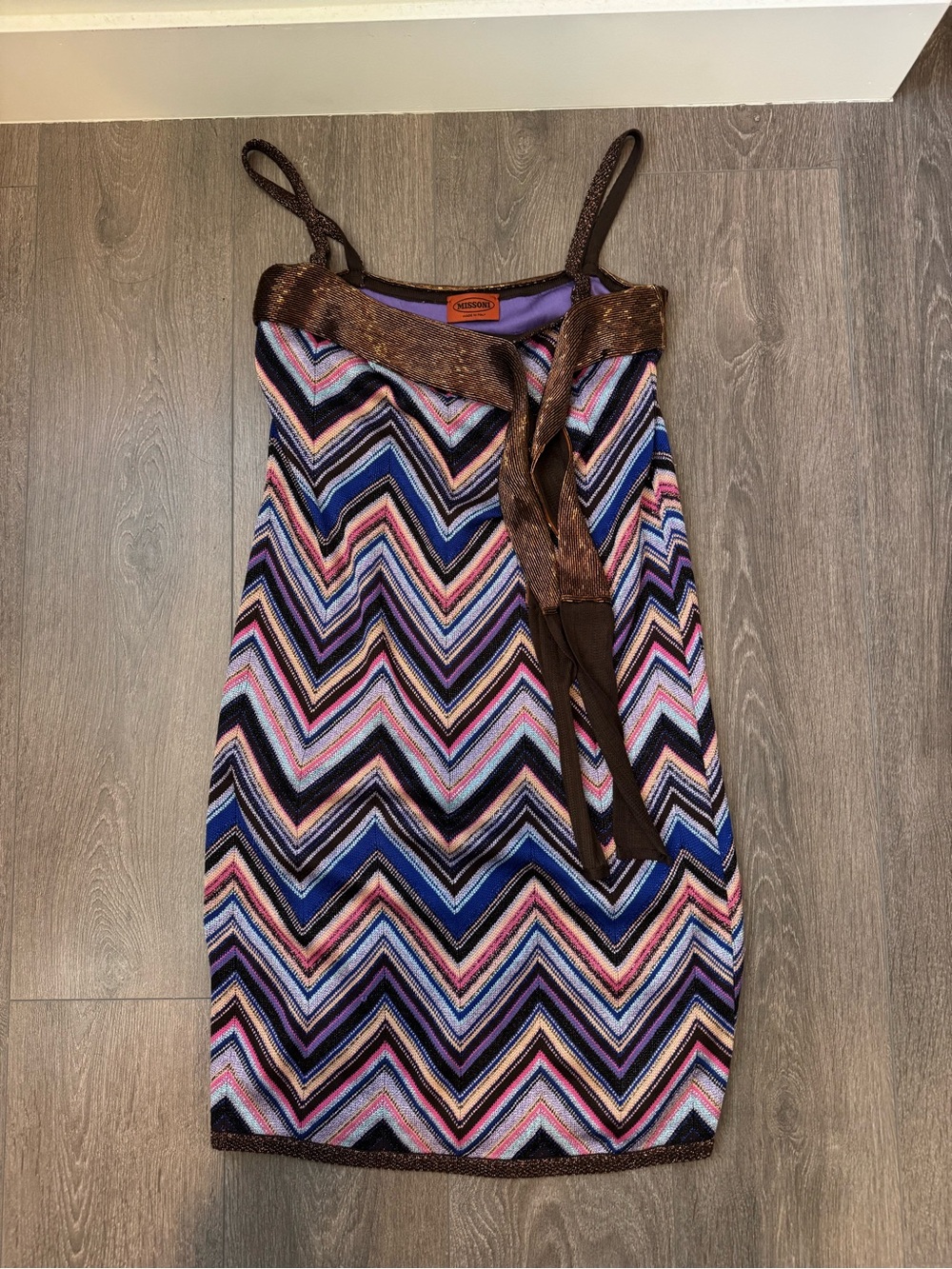 Missoni Chevron Knitted dress- Brown beaded Trim, size 38